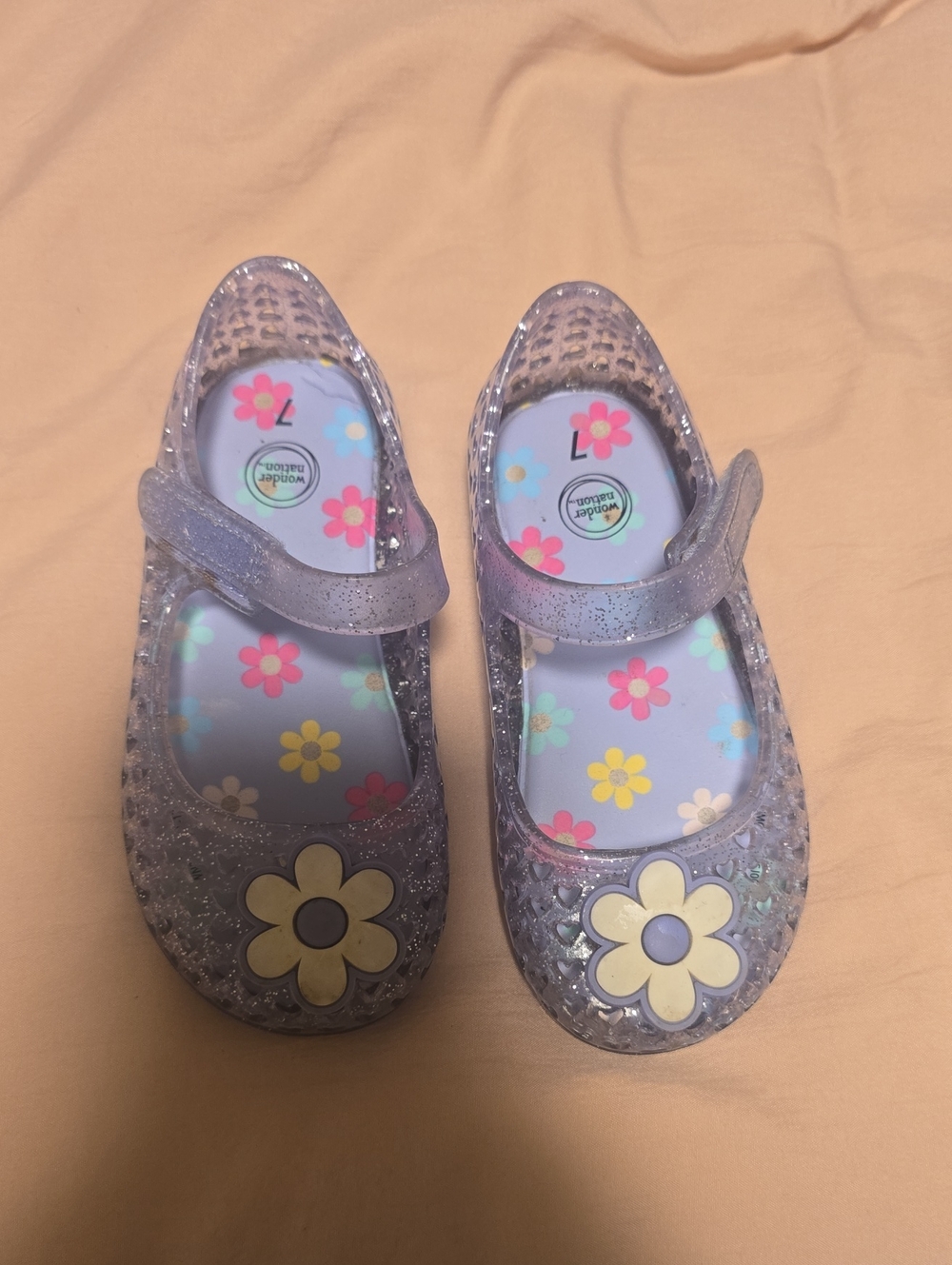 Wonder Nation Glitter Purple Jelly Mary Jane Sandals with Flower Accent - Kids